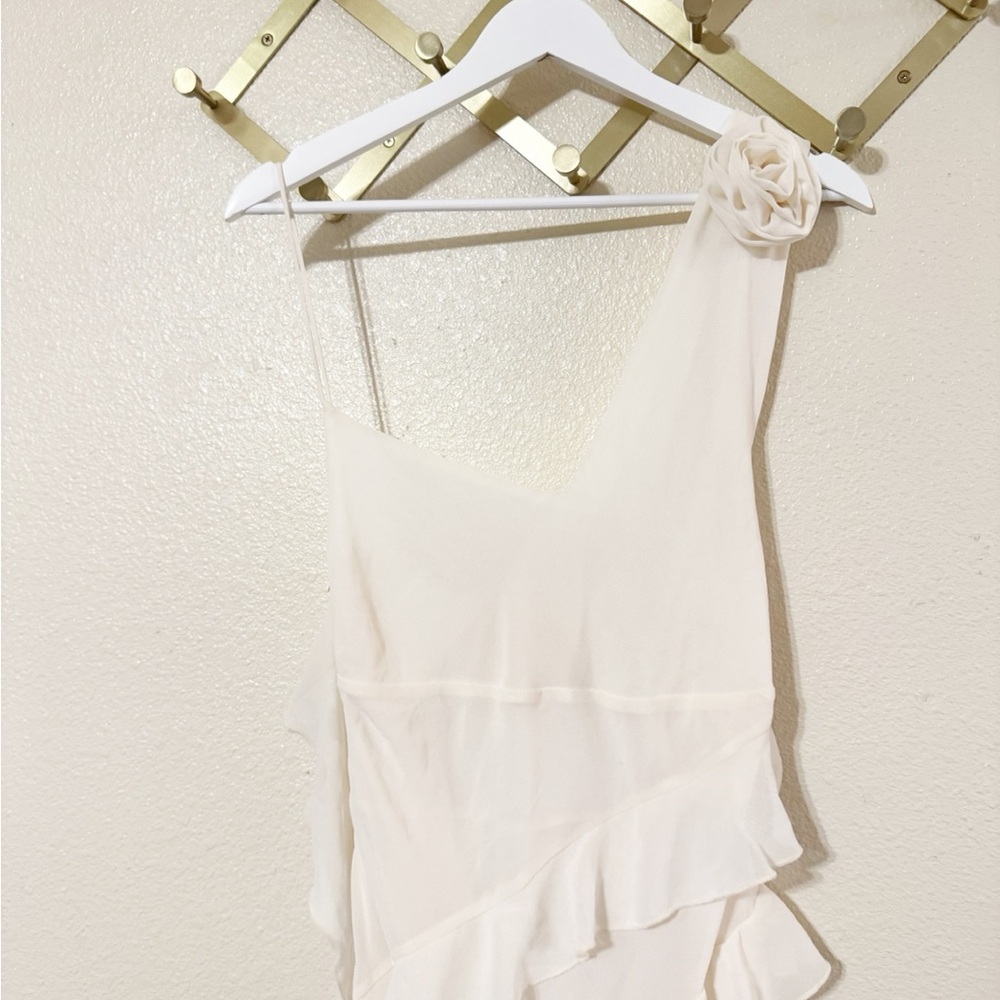 Bubish Willow Asymmetrical High Slit Side Drape Ruffle Rosette Dress in White - Picture 6 of 10